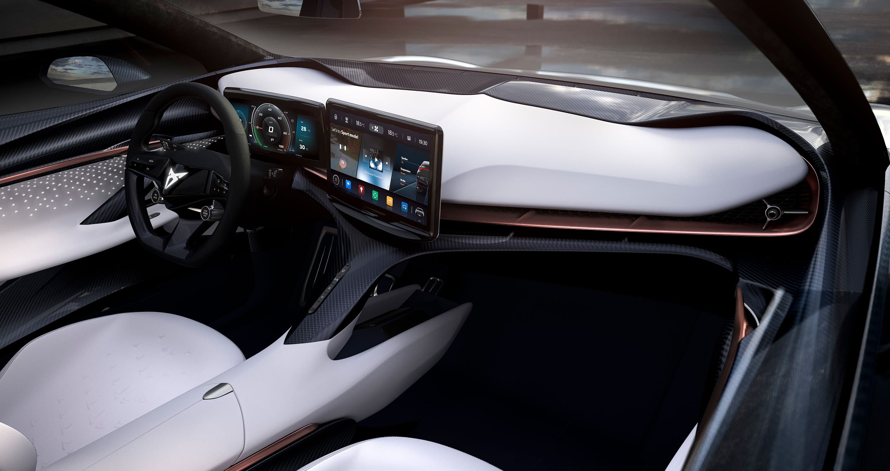 CUPRA Tavascan steering wheel and  infotainment online screen 