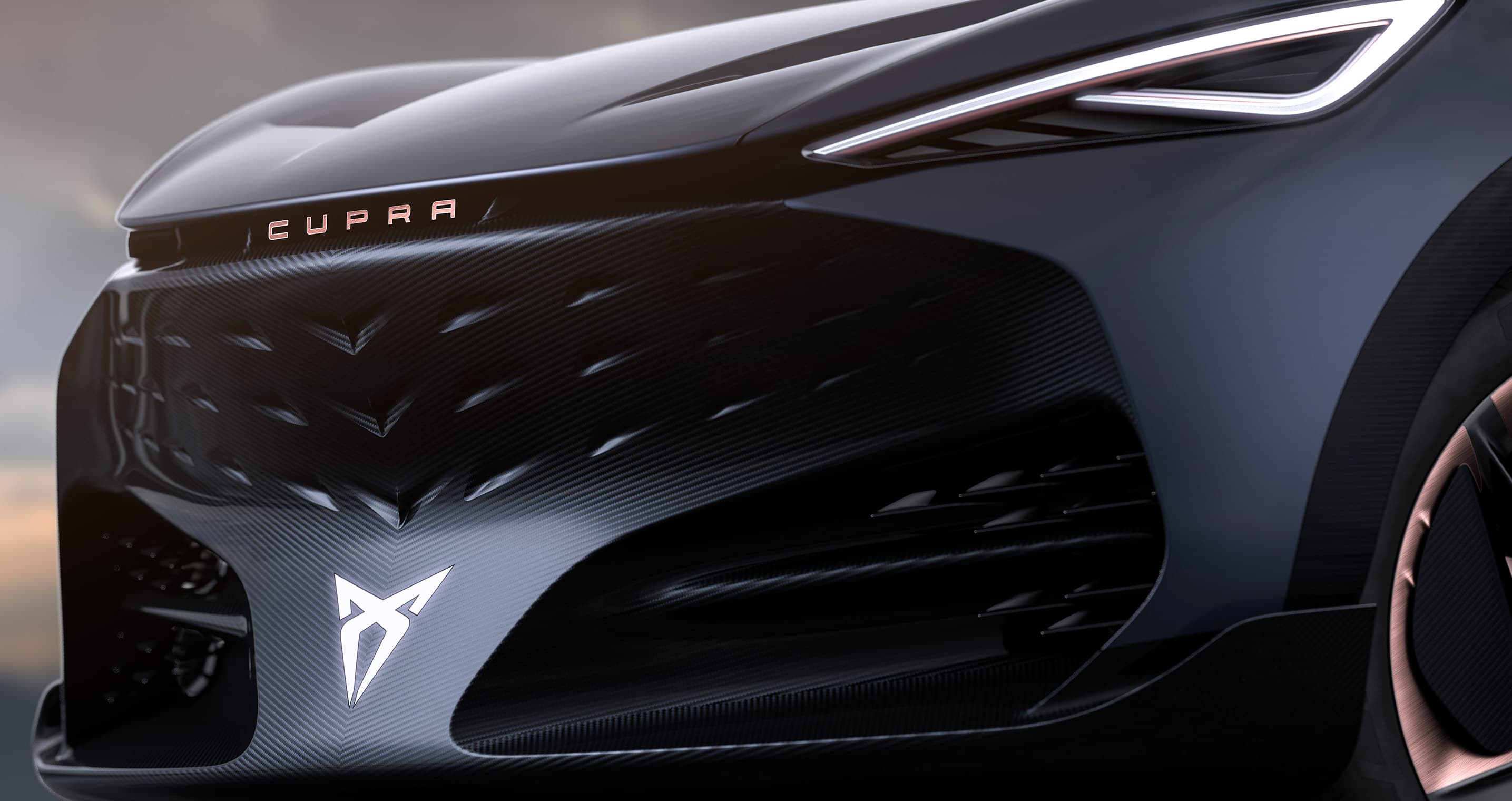 CUPRA Tavascan concept car front grille with CUPRA logo new mirror design