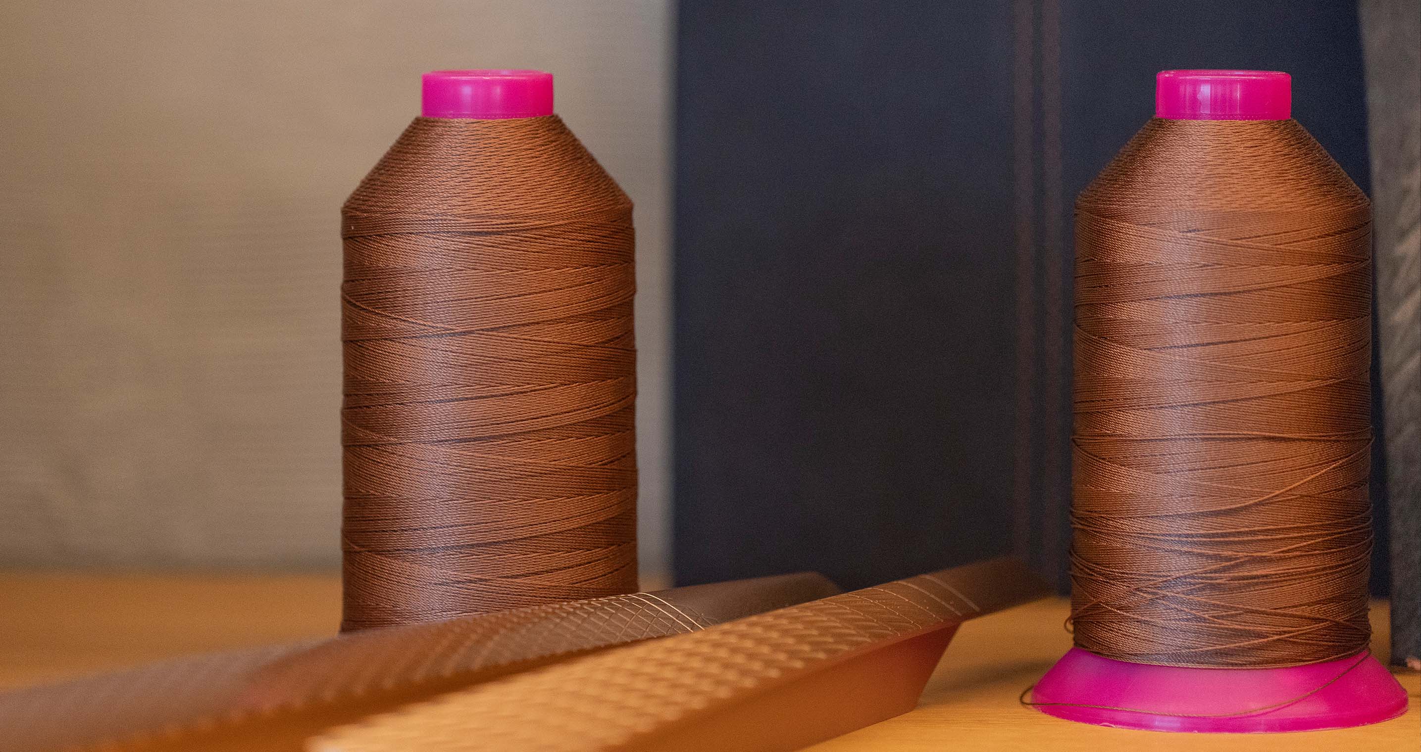 Copper-coloured CUPRA thread next to mirror and car part.
