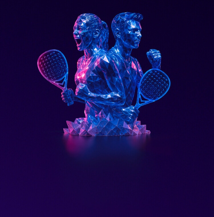 Silhouettes of padel players standing back-to-back with rackets, in a stylised digital artwork with blue and pink lighting