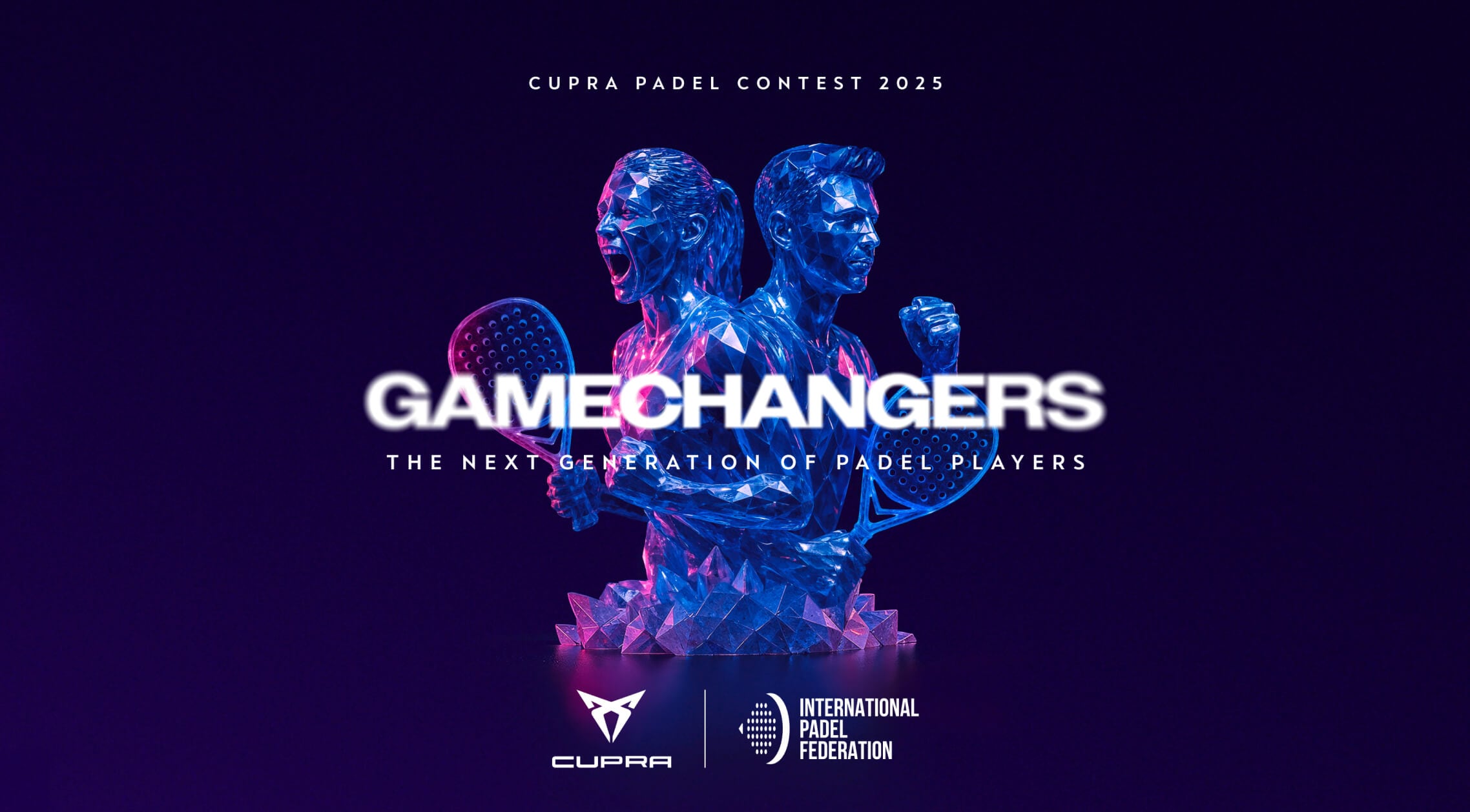 Silhouettes of padel players standing back-to-back with rackets, in a stylised digital artwork with blue and pink lighting Silhouettes of padel players standing back-to-back with rackets, in a stylised digital artwork with blue and pink lighting