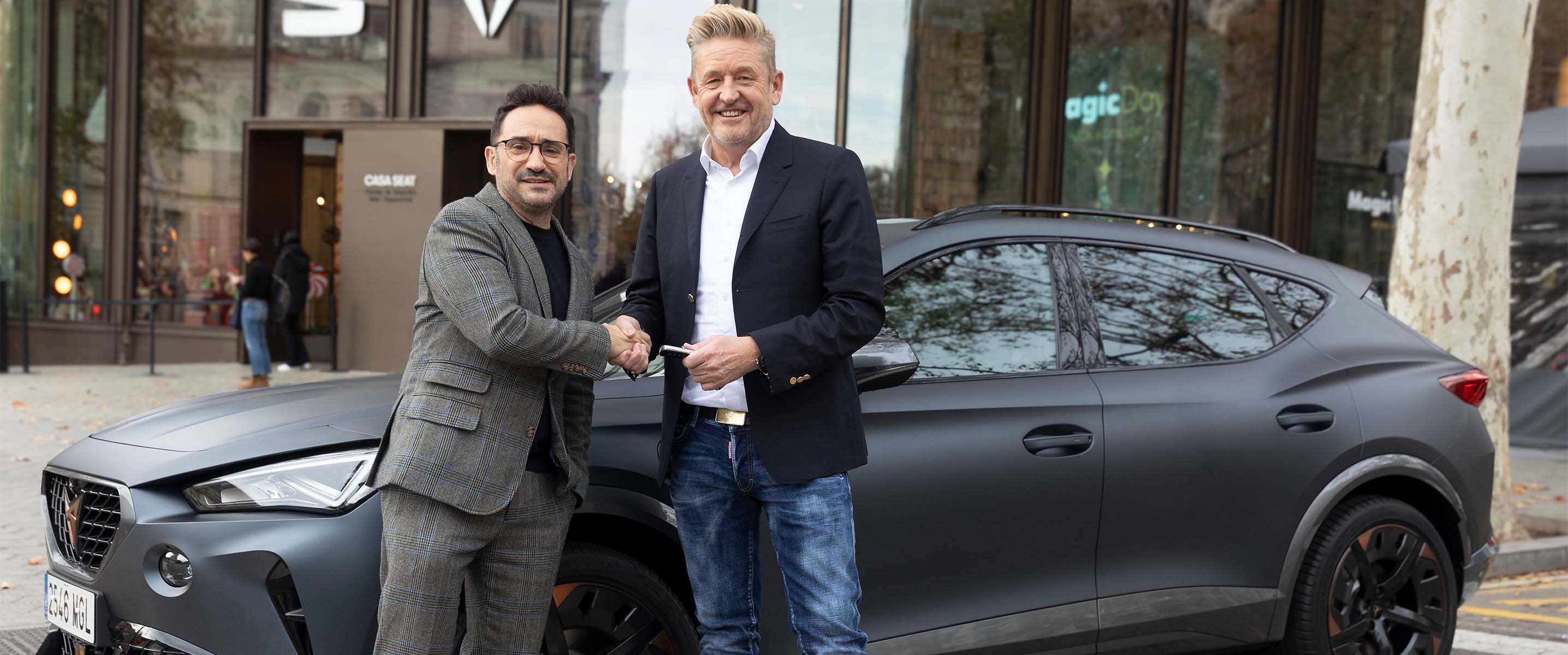 Juan Antonio Bayona posing as the new CUPRA brand ambassador with Former CUPRA's CEO Wayne Griffiths