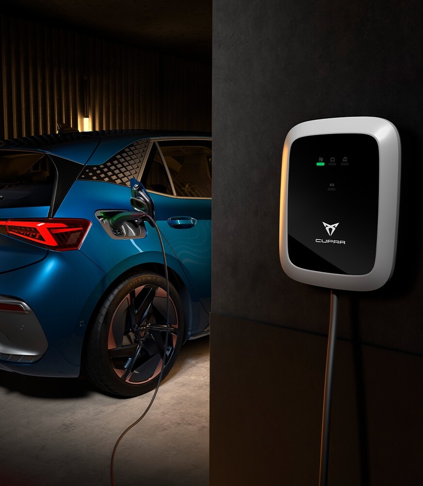 CUPRA%20Born%20Aurora%20blue%20colour%20plugged%20into%20a%20CUPRA%20Charger%20by%20Elli