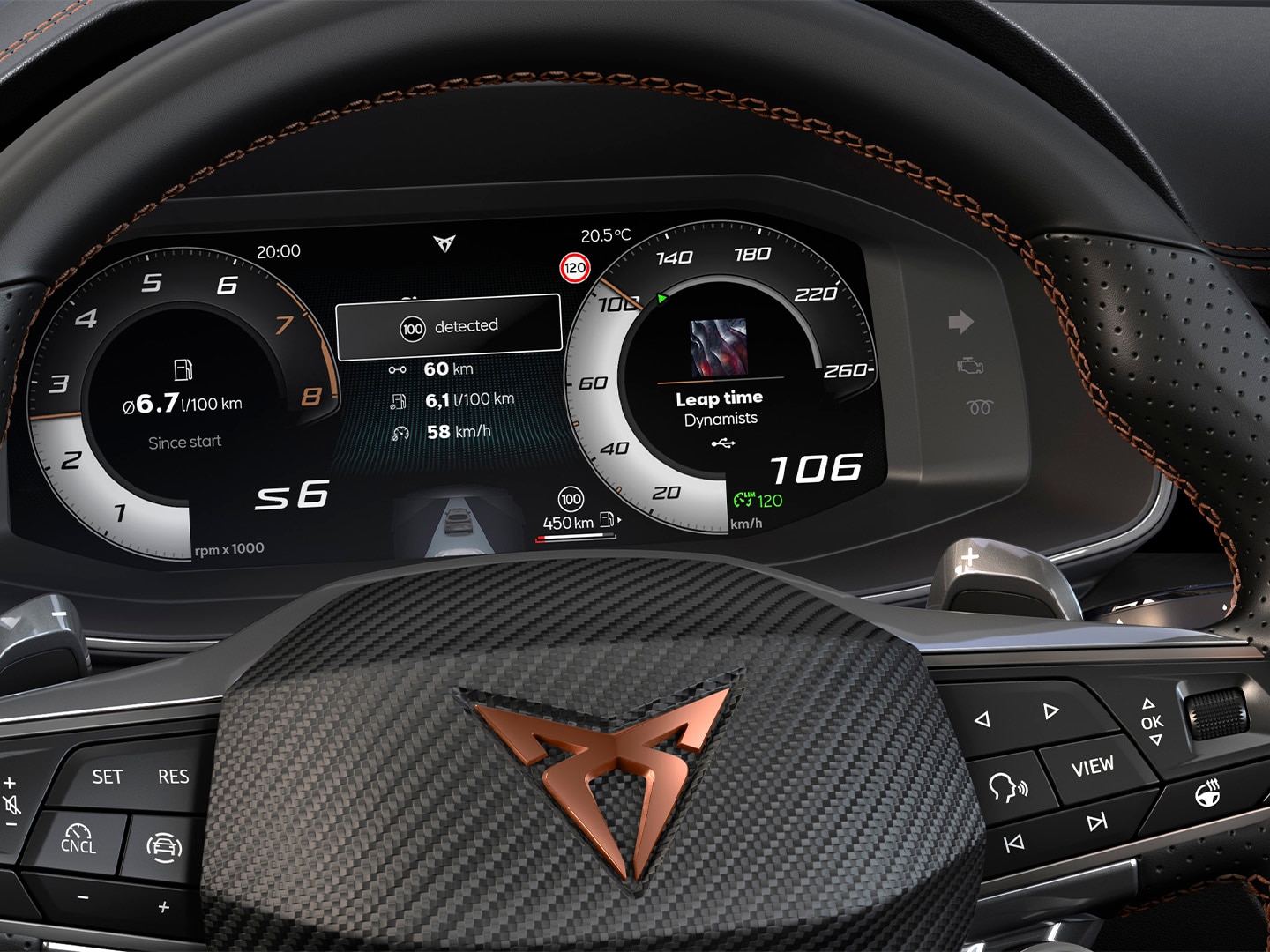 Close up of CUPRA Formentor 2025 dynamic display, copper logo, adaptive cruise control, pre-crash and lane keeping system. Includes intelligent park assist, drowsiness assist, side assist, speed limiter and a top view camera.   