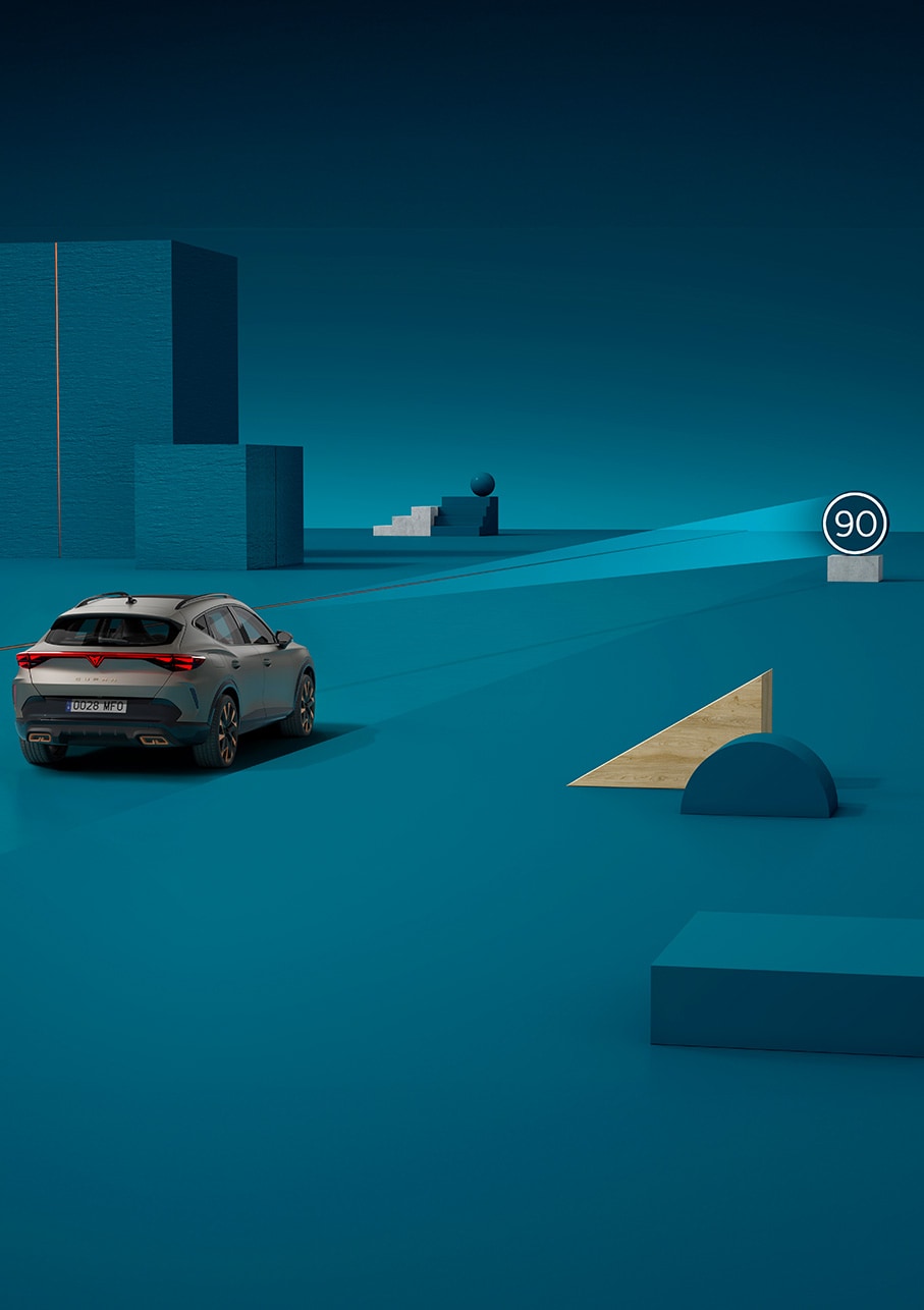New CUPRA Formentor 2025 traffic sign recongnition demonstration, blue background.
