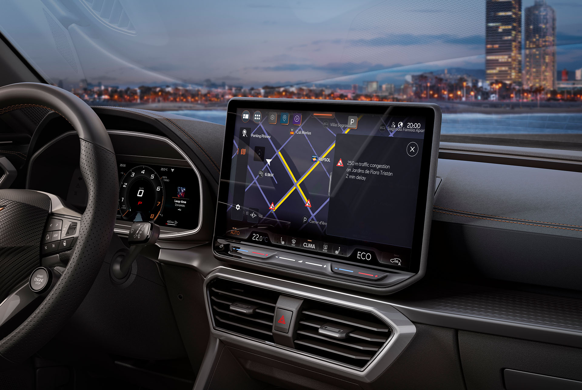 close up of the new cupra formentor's 2024 interior, infotainment system, dashboard, air vent and wheel.