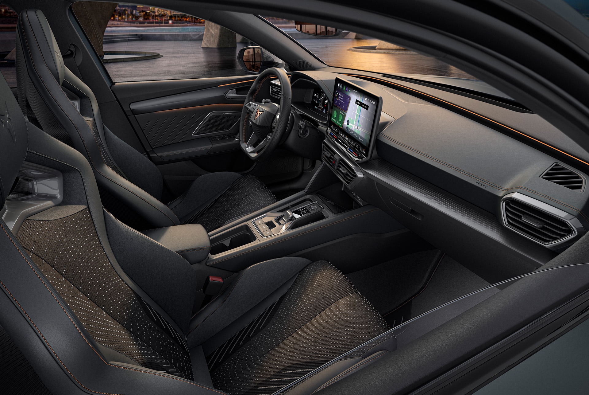 new cupra leon sportstourer 2025 extreme interior design, sporty cup bucket seats with heating and electric, with memory settings for both driver and front seat passenger.