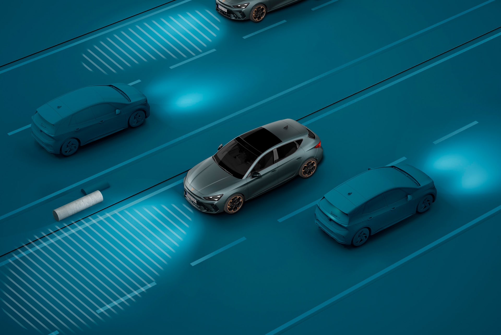 new cupra leon sportstourer 2025 light assist demo, blue background visual demonstration