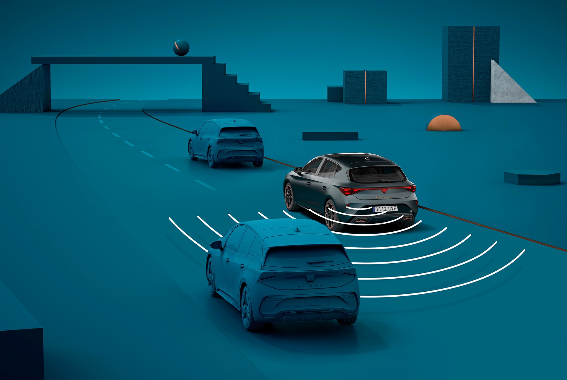 how to use new cupra leon sportstourer 2025 exit warning system, visual demo with shapes and blue background