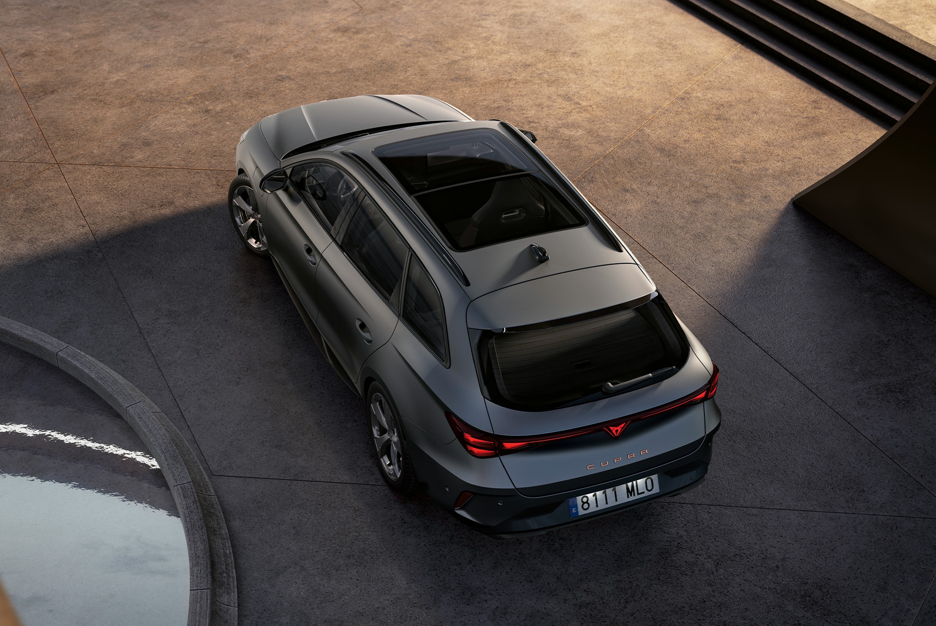new cupra leon sportstourer 2025 hybrid car technology, parked on concrete, eagle eye with panorama sunroof and electric tailgate