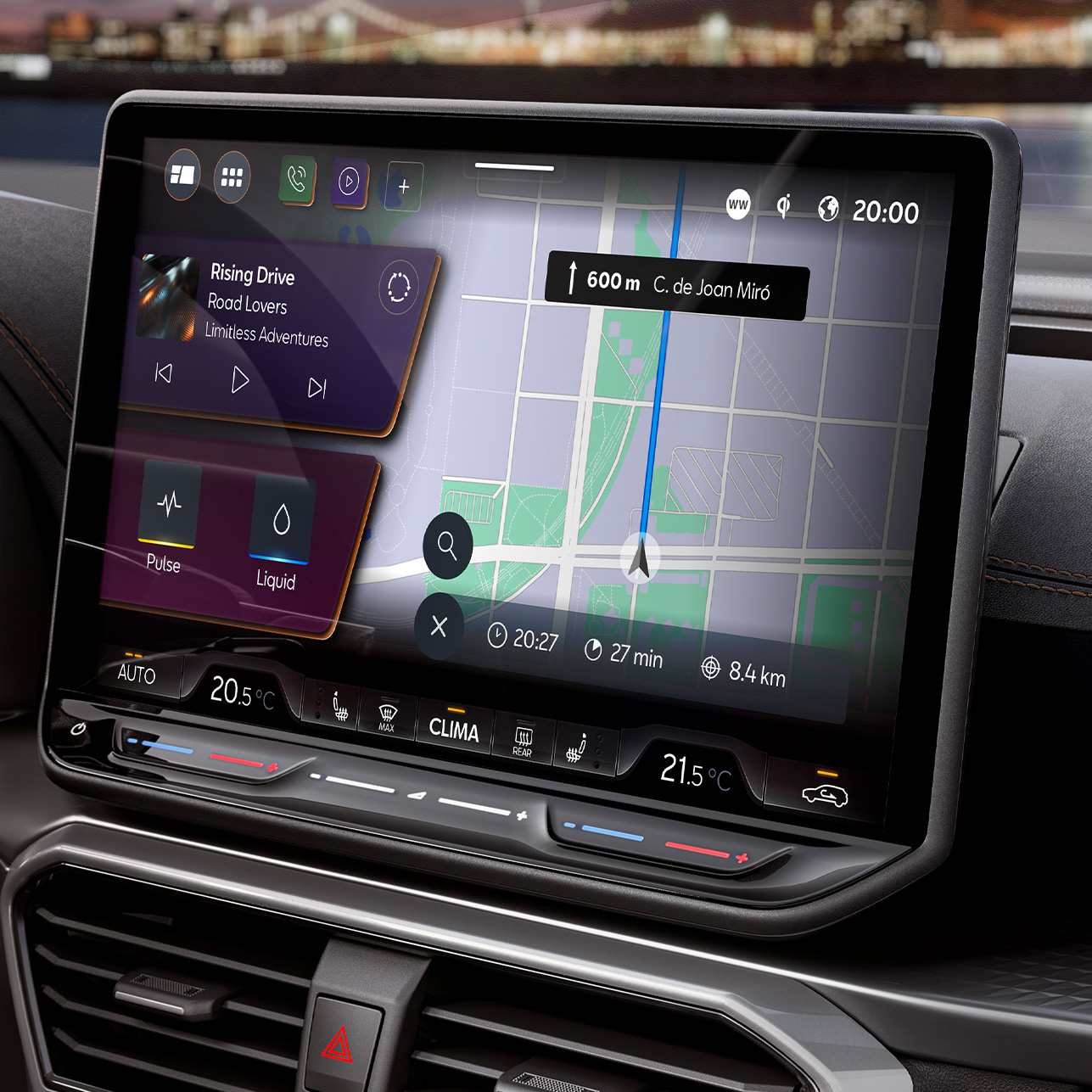 new Cupra Leon Sportstourer 2025 dashboard view, infotainment system screen with CUPRA CONNECT, for finding PHEV charging stations, live traffic alerts, charging stations and finding car parks.