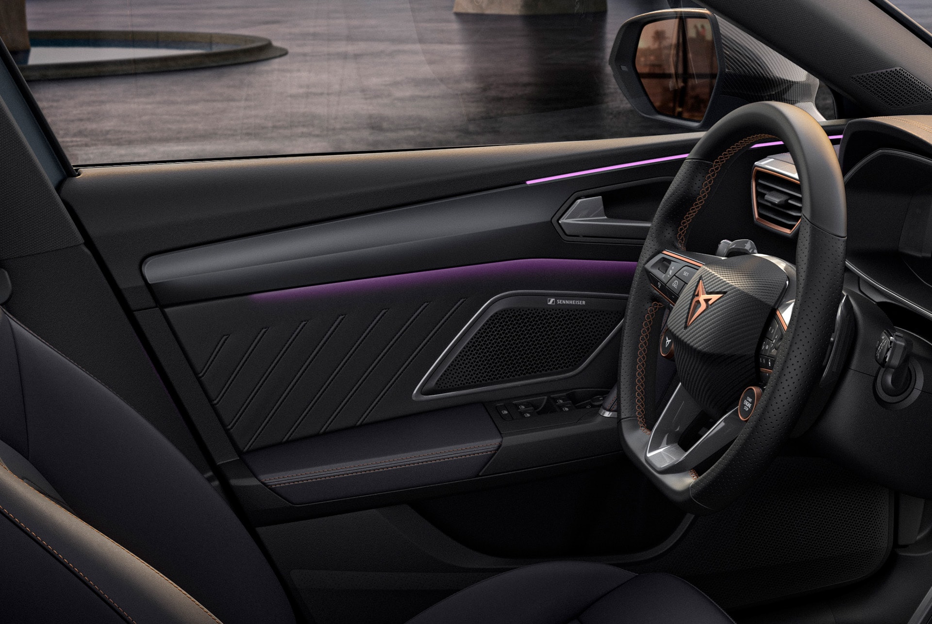 close up of new cupra leon sportstourer 2025 interior design, sterring wheel, door panel, ambient lighting, cupra logo and window