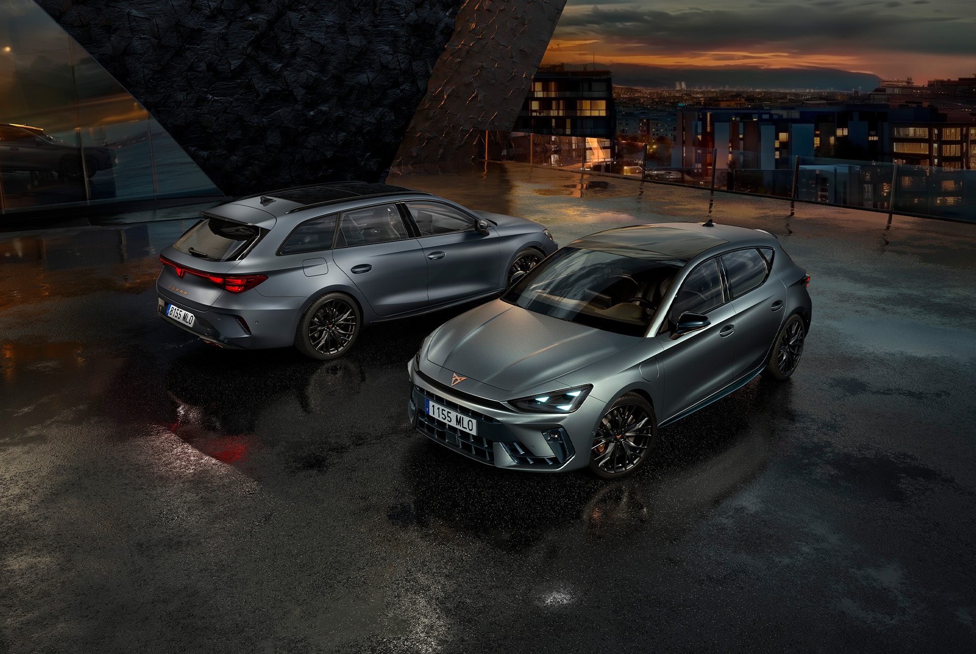 shot of two cupra leon parked in a night setting; one showing the front design and the other, the rear design.