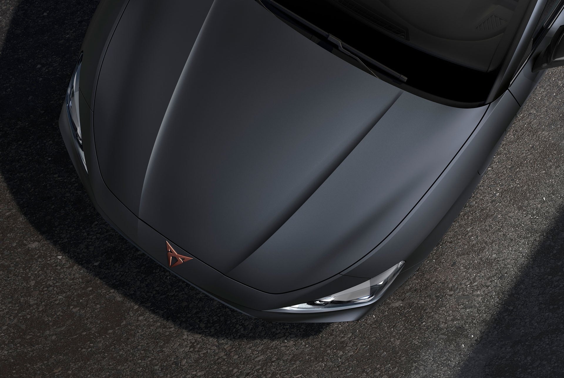 : bird’s eye view of a magnetic tech matt new cupra leon 2025 car hood