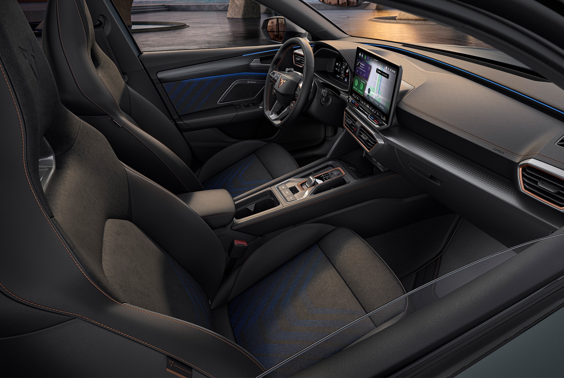 new Cupra Leon 2025 hybrid car dynamic interior design, bucket seats made from recycled vegan microfibre material, electric memory functions and heating settings.