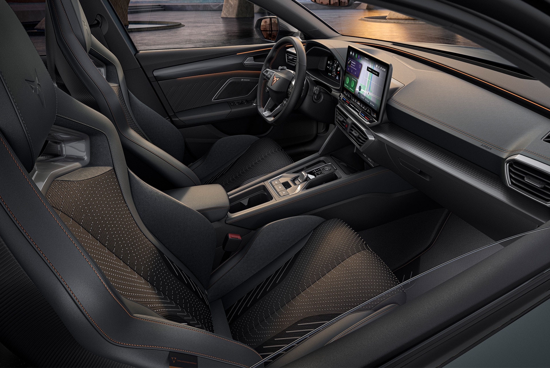 new Cupra Leon 2025 extreme hybrid car interior design, sporty cup bucket seats with heating and electric, with memory settings for both driver and front seat passenger.