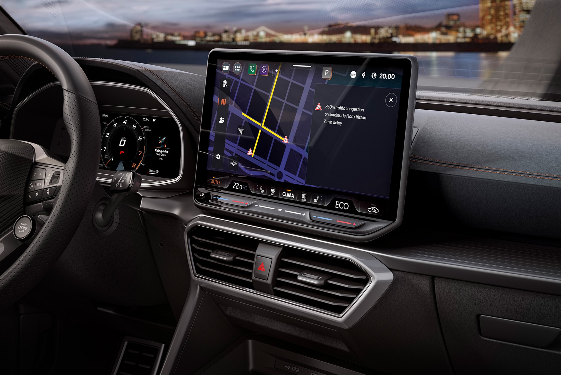 : infotainment screen, wheel, dashboard and air vents of new cupra leon 2025 hybrid vehicle.