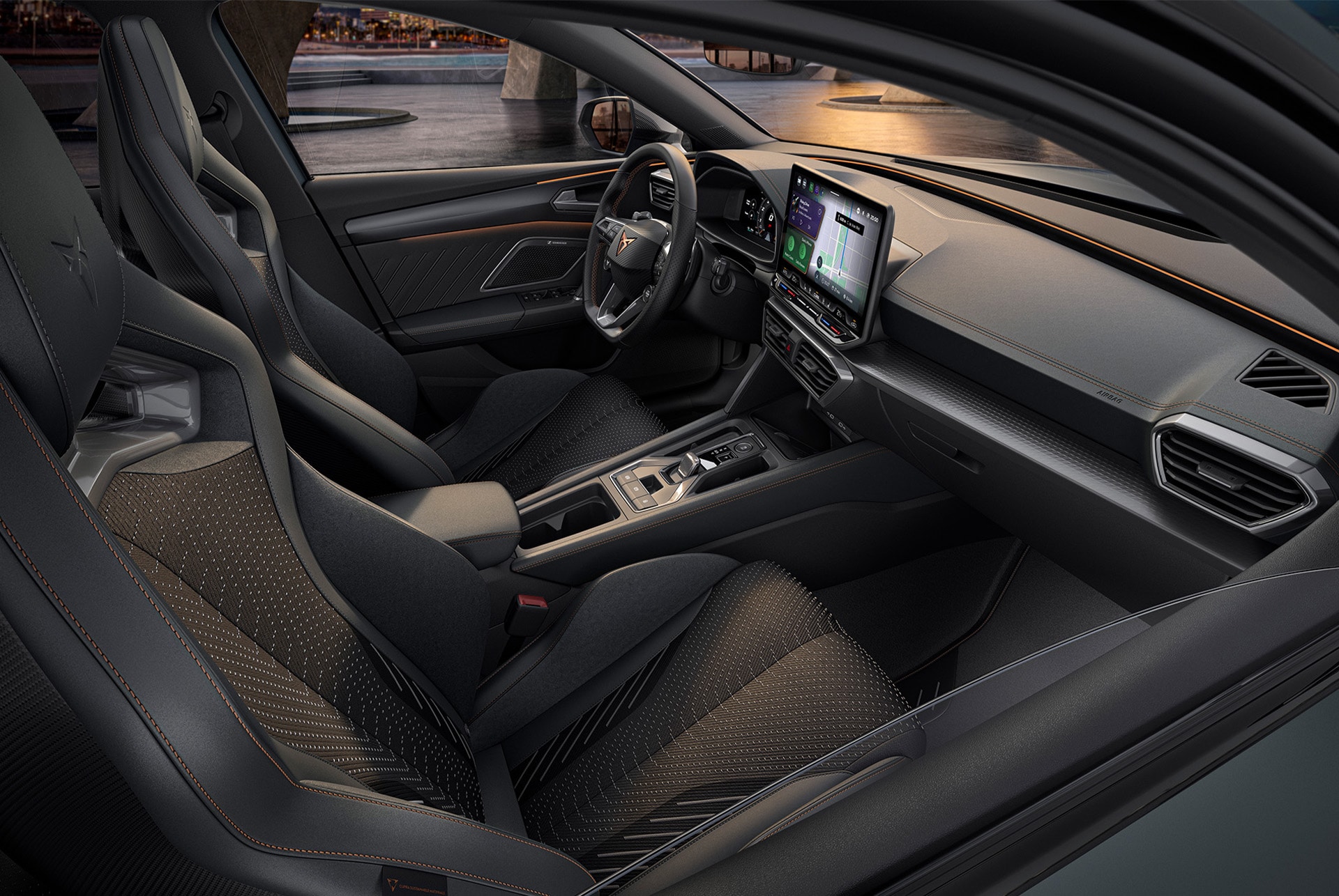 new cupra leon 2025 car interior, infotainment screen, bucket seats, passenger and driver seat.