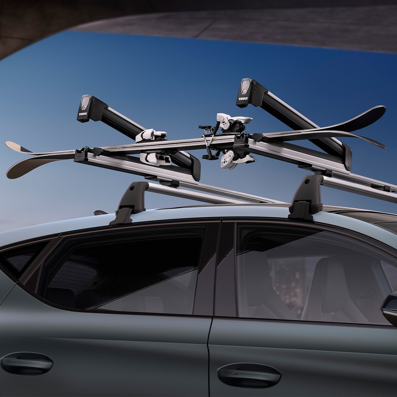 side view of new Cupra Leon 2025 thule roof ski rack