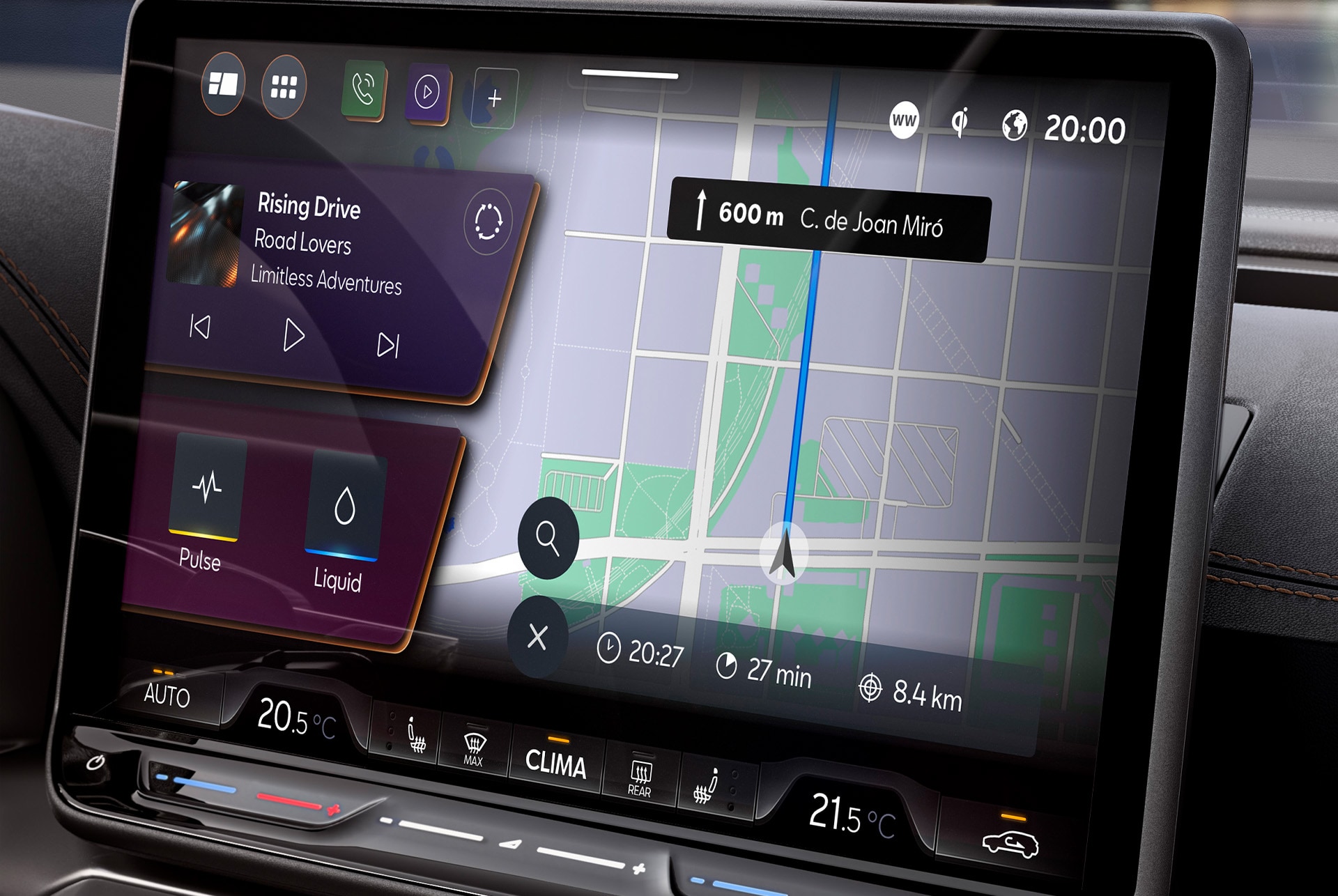 new Cupra Leon 2025 dashboard view, infotainment system screen with CUPRA CONNECT, for finding PHEV charging stations, live traffic alerts, charging stations and finding car parks.