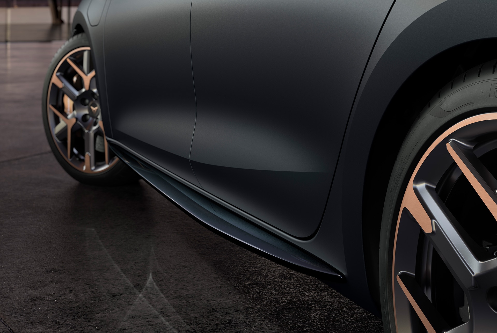 close up of door panel design for new cupra leon grey matt body door panels and hailstorm copper accent wheels and side skirt