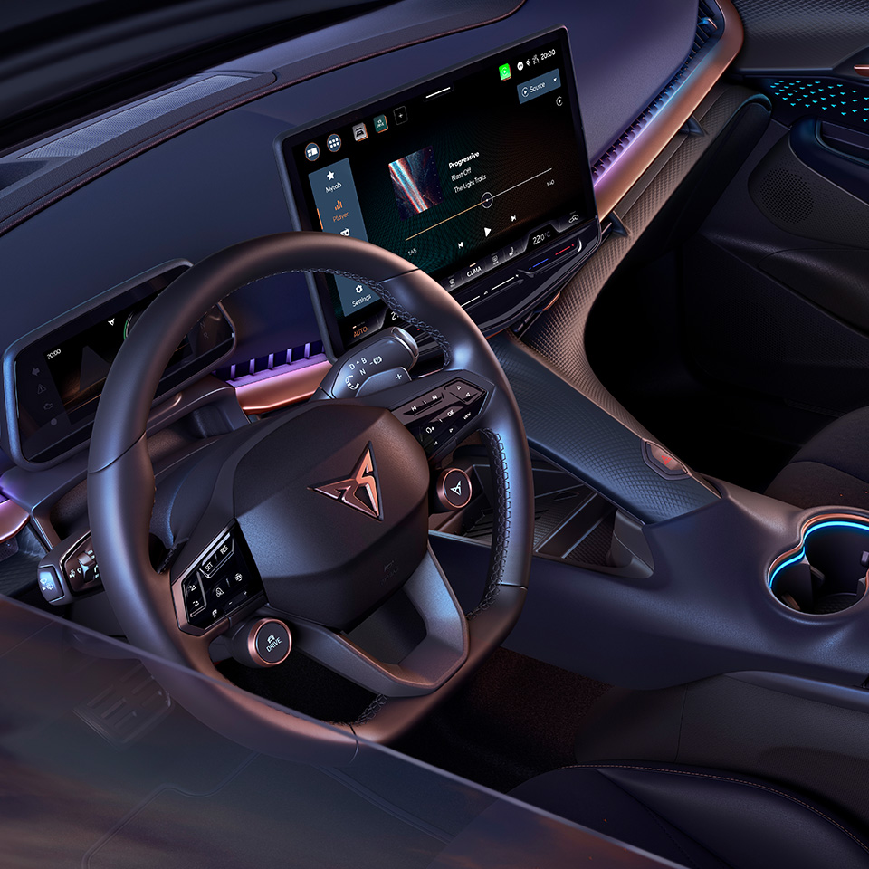 Interior view of the CUPRA Tavascan with Y-bone console