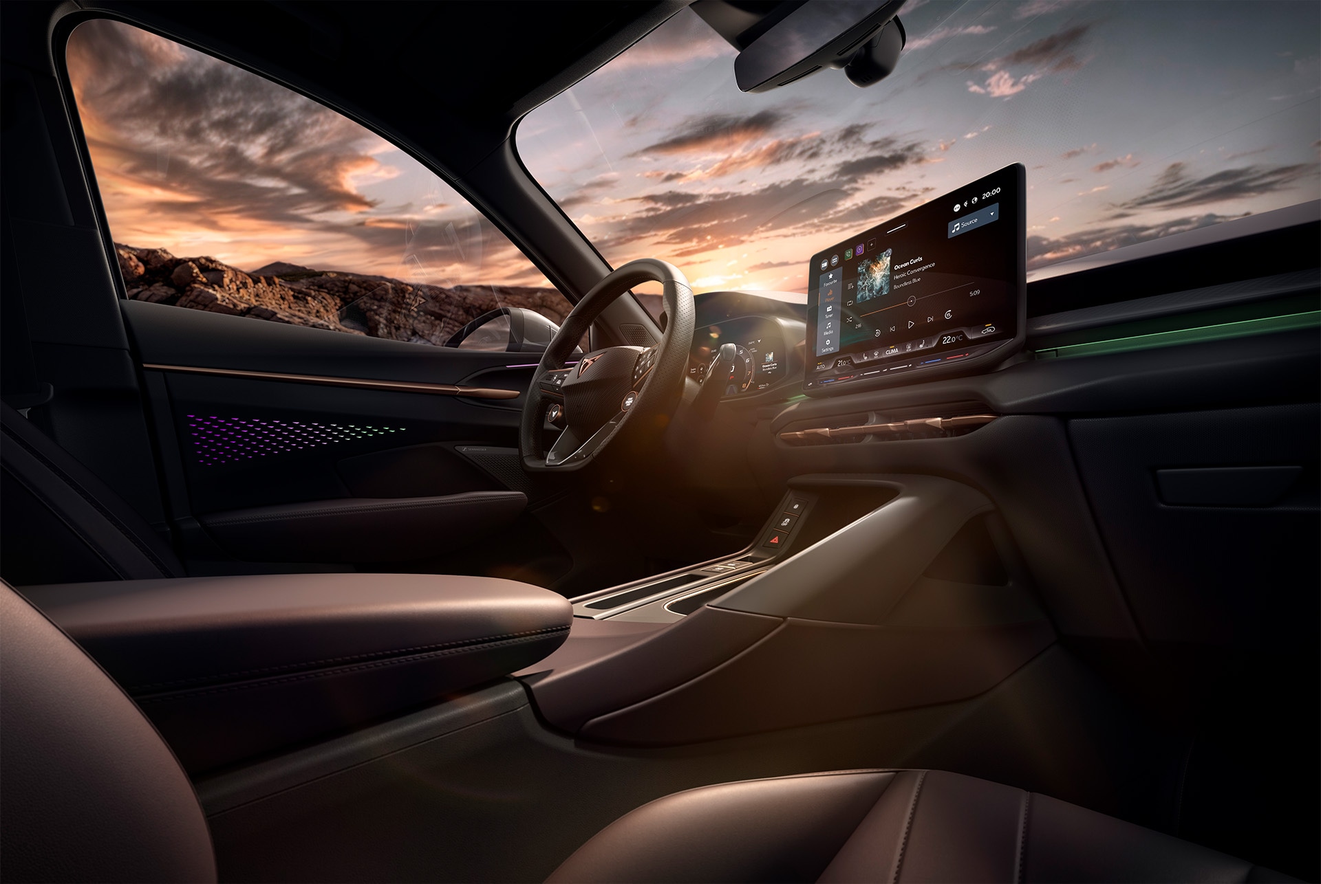 interior design of the new cupra terramar 2025 showcasing the advanced dashboard view and the steering wheel.