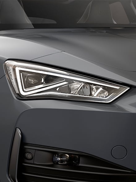 LED headlight of the new CUPRA Leon Sportstourer ehybrid Family Sports Car in graphene 