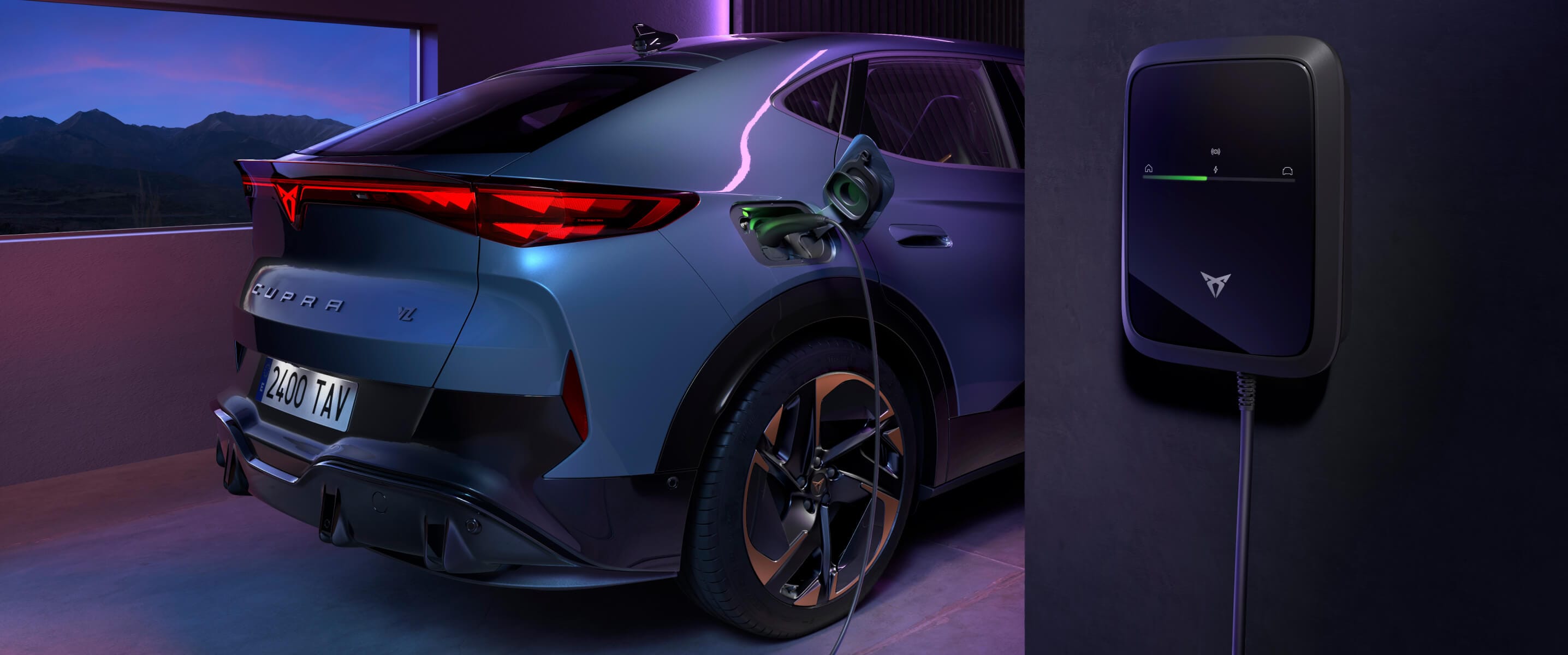 Charging a CUPRA Tavascan electric car with mode 3 cable at home wallbox, illustrating how much it costs to charge an electric car.