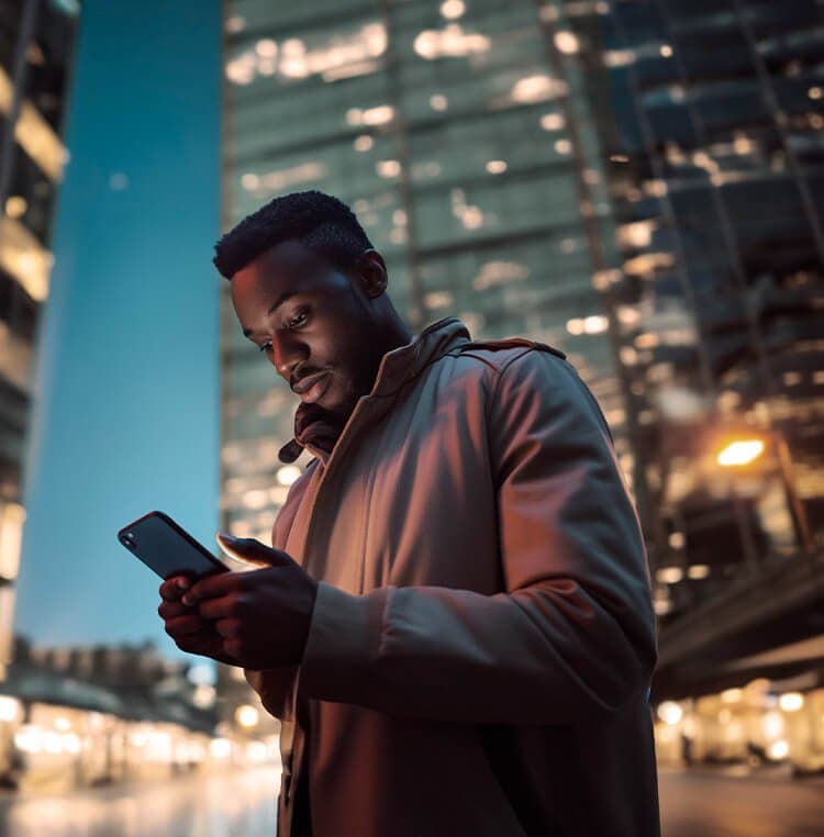 Man holding phone city lights background