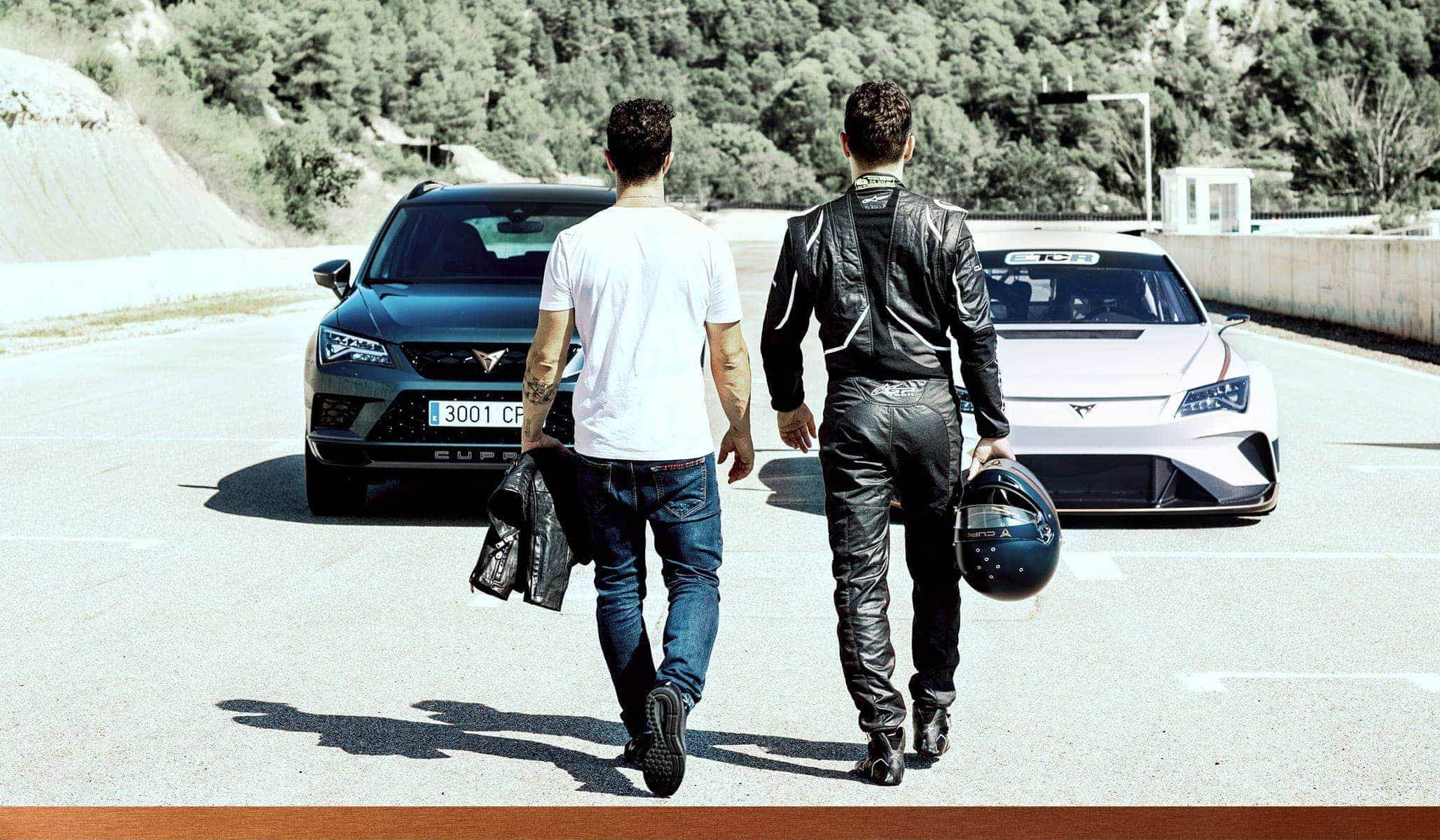 Andrea Dovizioso and Jorge Lorenzo in front of CUPRA Ateca and CUPRA e-Racer