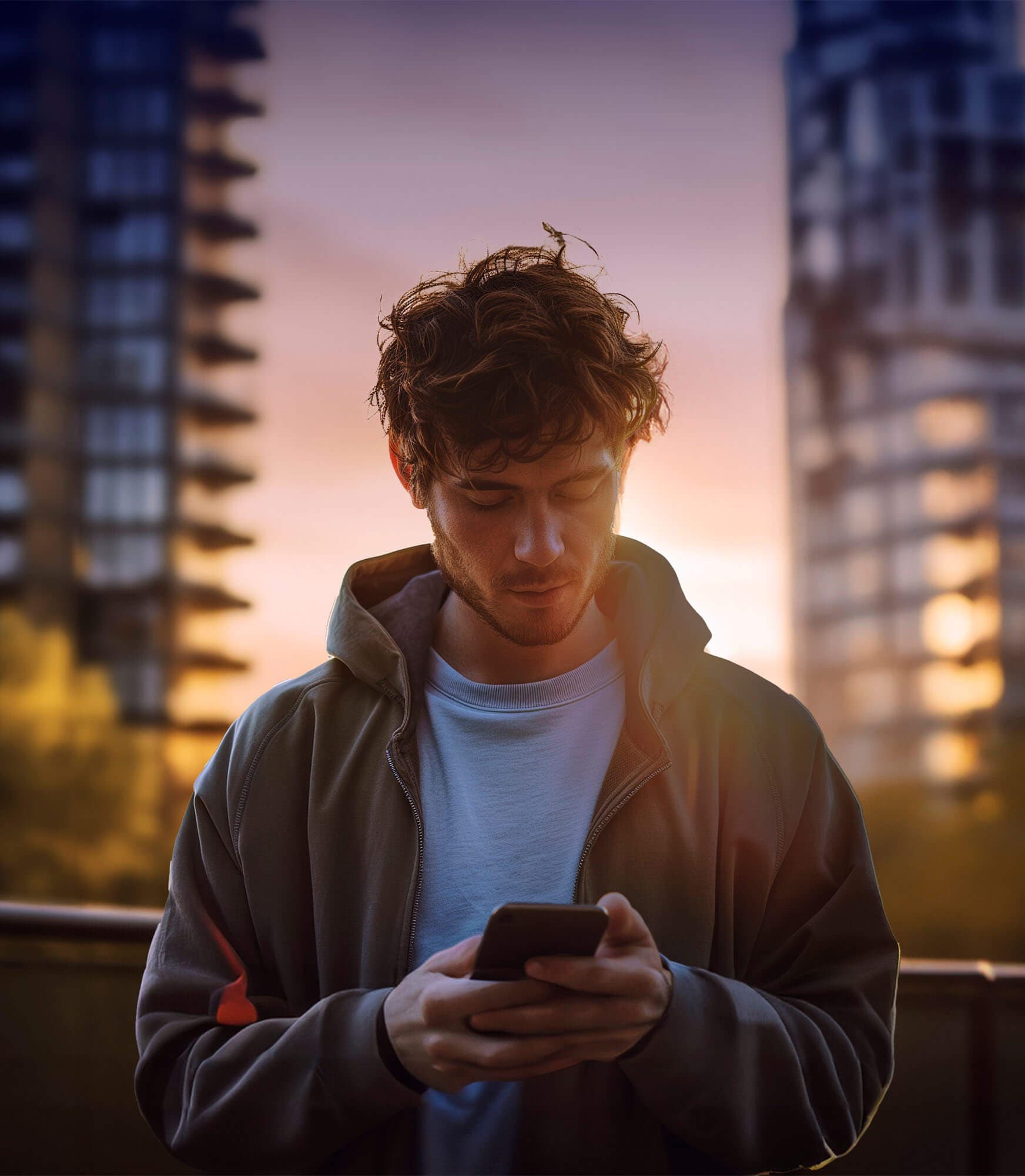 A%20young%20man%20looking%20at%20his%20smartphone%20in%20a%20modern%20environment%20at%20sunset,%20with%20illuminated%20skyscrapers%20in%20the%20background.