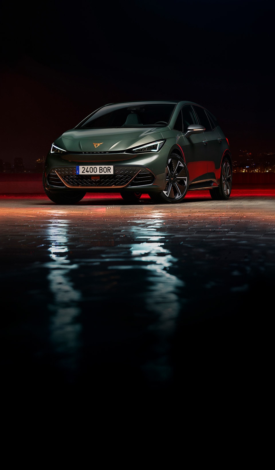 A blue CUPRA car in a surreal scene, superimposed in front of a group of people all facing away except for one man looking back at the viewer. 