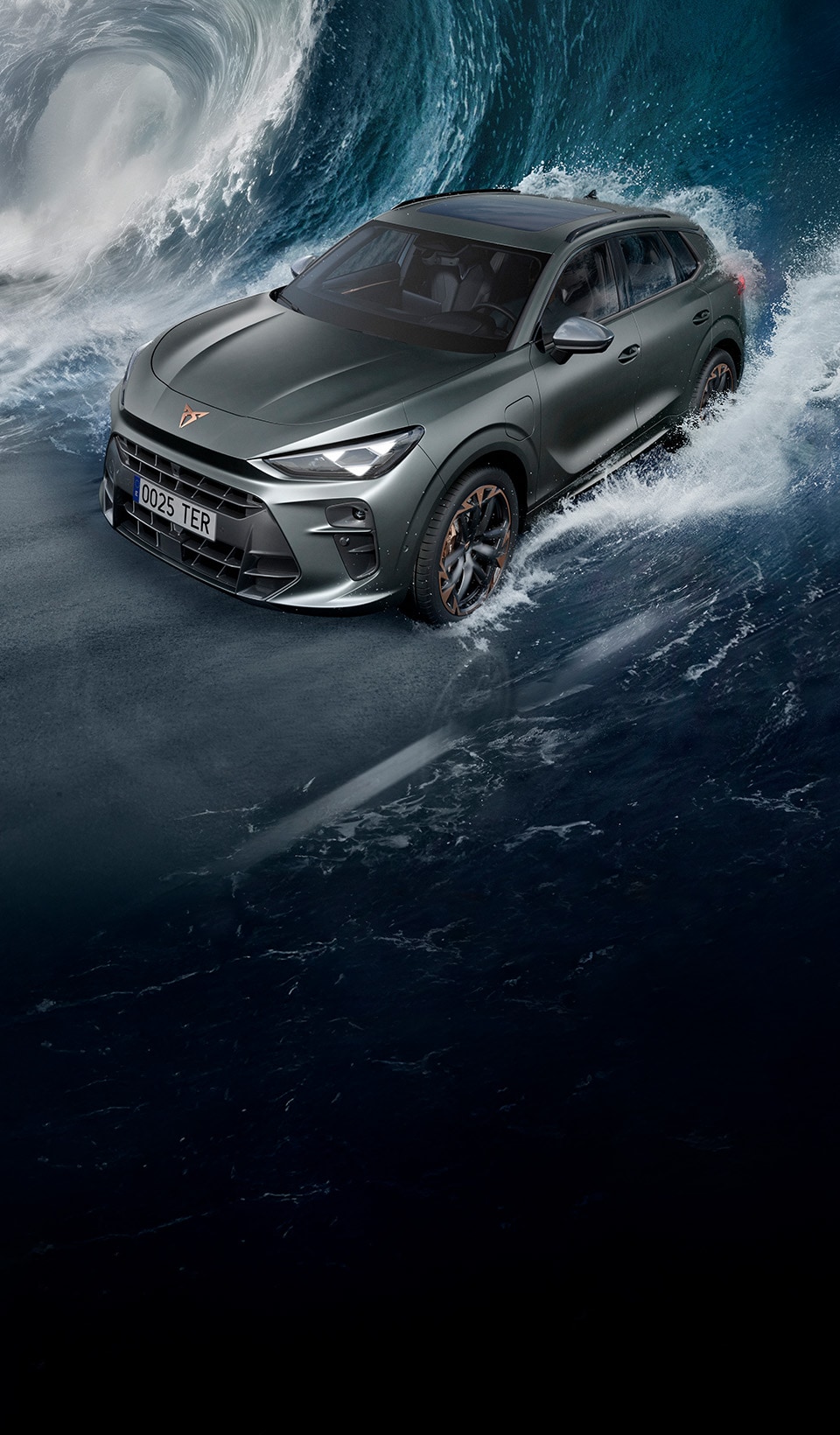 A CUPRA Terramar SUV shown from a high angle, appearing to be in motion with a red light streak extending from its side to a person lying horizontally in the air next to it.