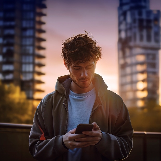 A young man looks intently at his smartphone, standing outdoors with blurred modern city buildings and a bright sunset sky in the background.