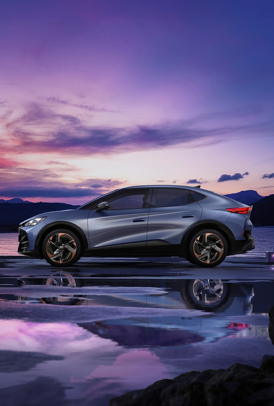 electric cupra tavascan in a stormy setting